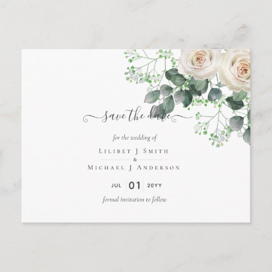 ホワイトローズセージ結婚ユーカリの救日付 ポストカード (正面)