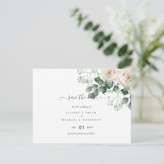 ホワイトローズセージ結婚ユーカリの救日付 ポストカード (スタンド正面)