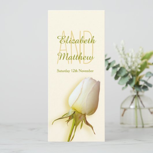 ホワイトローズバド結婚式レセプションディナーメニュー 招待状 (スタンド正面)