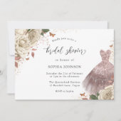 ホワイトローズバラ金ゴールドスパークルドレスブライダルシャワー 招待状 (正面)