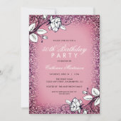 ホワイトローズバースデーパーティパープルグリッター 招待状 (正面)