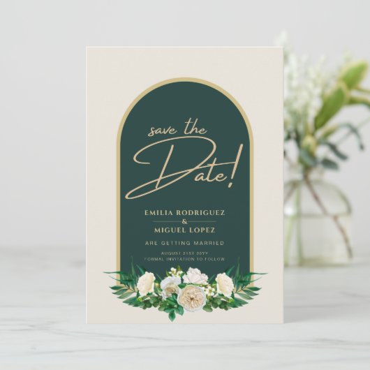 ホワイトローズフォレストグリーン冬の結婚式の救日付 招待状 (スタンド正面)