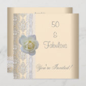 ホワイトローズフラワークリームファブラス50誕生日 招待状 (正面/裏面)