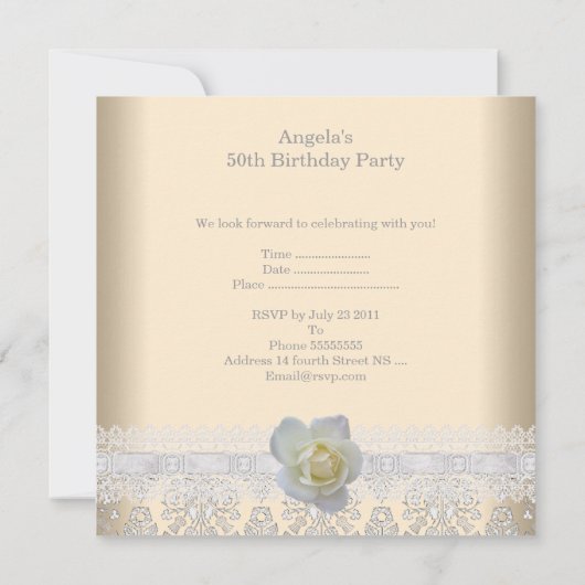 ホワイトローズフラワークリームファブラス50誕生日 招待状 (裏面)