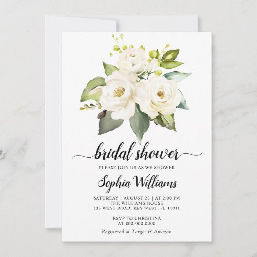 ホワイトローズフラワーズグリーンブライダルシャワー 招待状 (正面)
