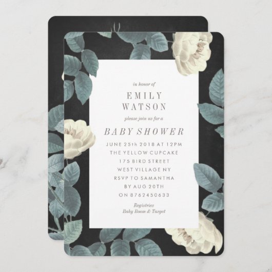 ホワイトローズフラワーチョークボードベビーシャワー招待状 招待状 (正面/裏面)