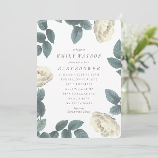 ホワイトローズフラワーフレームベビーシャワー招待状 招待状 (スタンド正面)