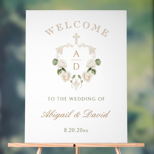 ホワイトローズフレーム宗教的な結婚式の歓迎 アクリルサイン (ニュートラル)