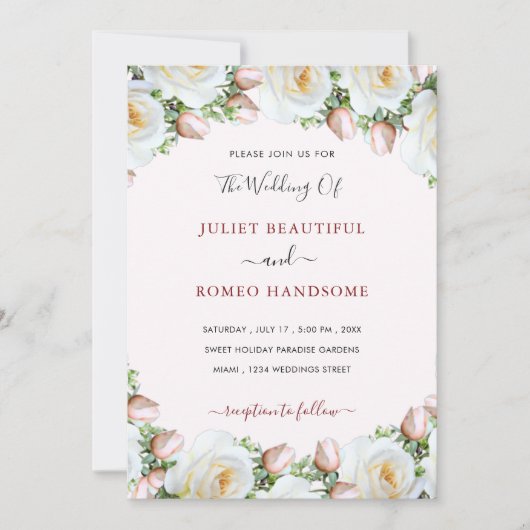 ホワイトローズフレーム結婚式招待状テンプレート (正面)