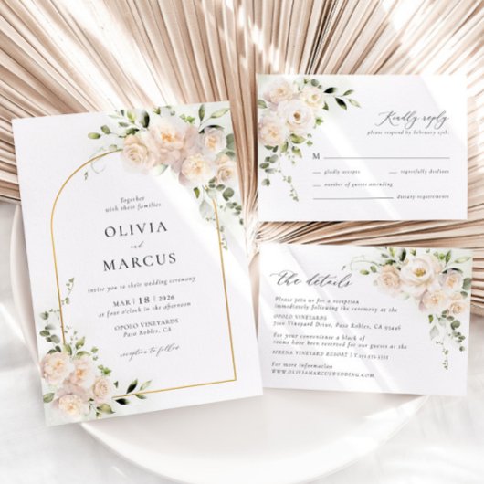 ホワイトローズフローラアーチエレガントウェディング招待状 招待状