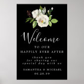 ホワイトローズフローラエレガントなウェディングウェルカムサイン ポスター (正面)