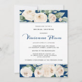 ホワイトローズフローラオンネイビーブルーブライダルシャワー 招待状 (正面)