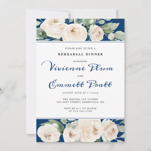 ホワイトローズフローラオンネイビーブルーリハーサルディナー 招待状 (正面)