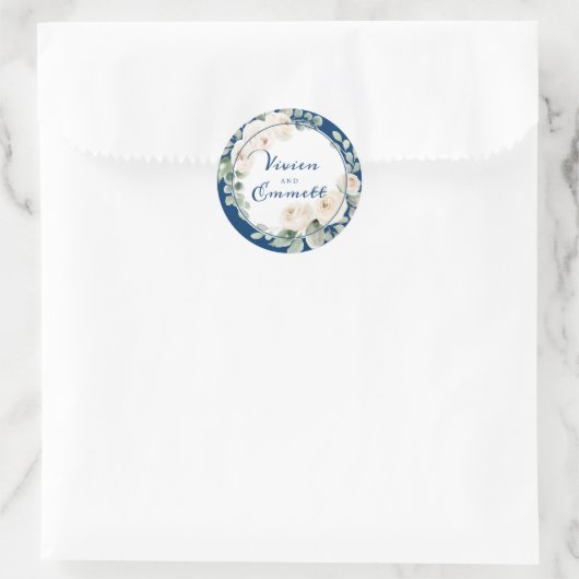 ホワイトローズフローラオンネイビーブルー結婚式の引き出物 ラウンドシール (バッグ)