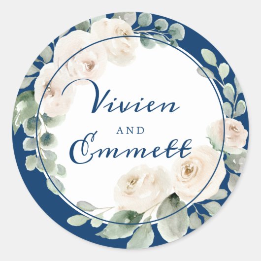 ホワイトローズフローラオンネイビーブルー結婚式の引き出物 ラウンドシール (正面)