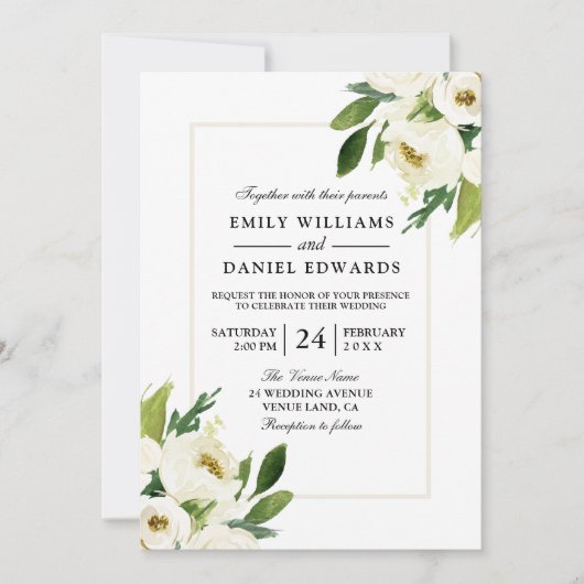 ホワイトローズフローラクリーム結婚式招待状 招待状 (正面)