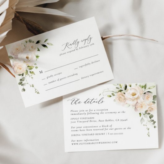 ホワイトローズフローラセージエレガントウェディングRSVPカード 出欠カード