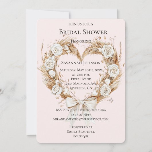 ホワイトローズフローラハートボウブライダルシャワー 招待状 (正面)