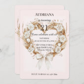 ホワイトローズフローラハートボウ誕生日 招待状 (正面/裏面)