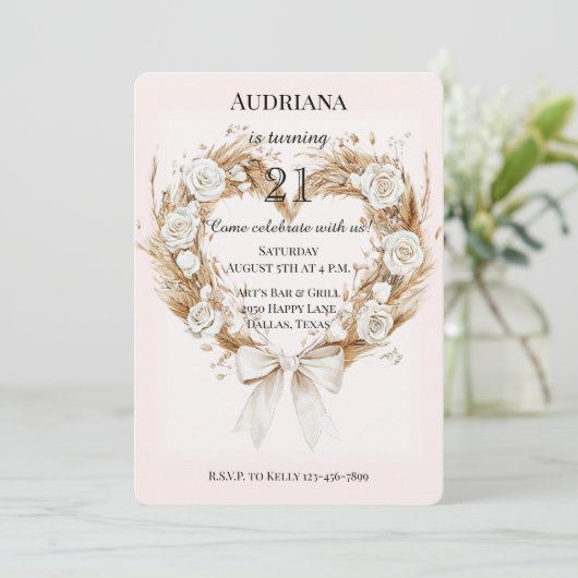 ホワイトローズフローラハートボウ誕生日 招待状 (スタンド正面)