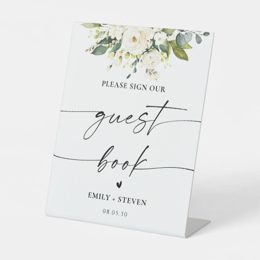 ホワイトローズフローラブライダルシャワーゲストブックサイン 台座サイン (正面)