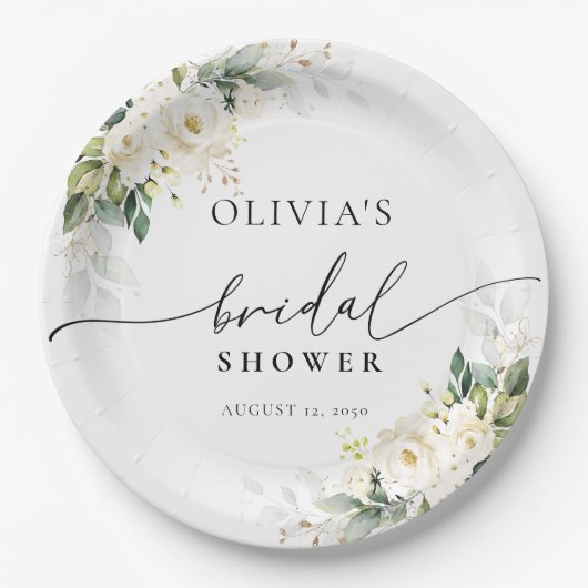 ホワイトローズフローラブライダルシャワー紙プレート ペーパープレート (正面)