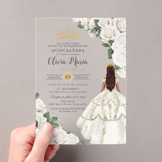 ホワイトローズフローラプリンセスガウン金ゴールドキンセアニラ アクリル招待状 (インサイチュ (ポータブル))