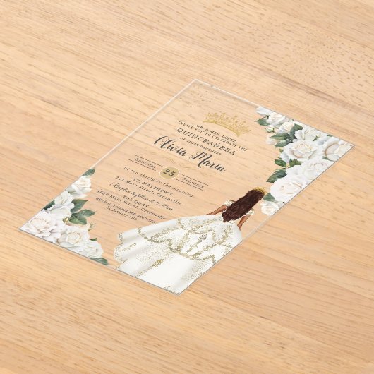 ホワイトローズフローラプリンセスガウン金ゴールドキンセアニラ アクリル招待状 (レイダウン)