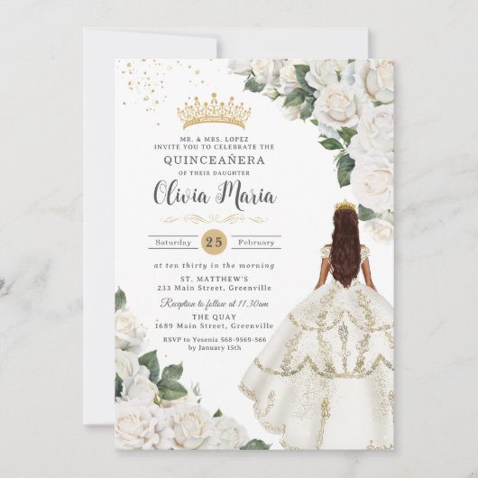 ホワイトローズフローラプリンセスガウン金ゴールドキンセアニラ 招待状 (正面)