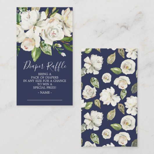 ホワイトローズフローラベビーシャワーおむつラッフルチケット エンクロージャーカード (正面/裏面)