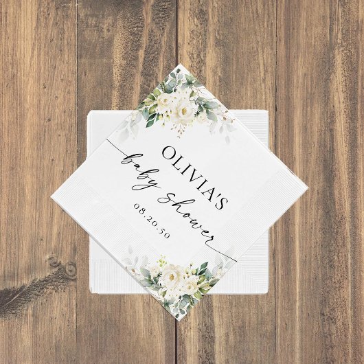 ホワイトローズフローラベビーシャワーペーパーナプキン スタンダードカクテルナプキン