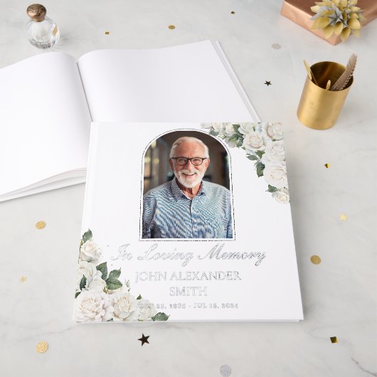 ホワイトローズフローラメモリアル葬儀フォトシルバー ゲストブック (正面見開き)