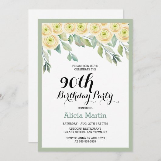 ホワイトローズフローラユーカリプスグリーンリー90誕生日 招待状 (正面/裏面)