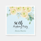 ホワイトローズフローラユーカリプトゥスブルー80誕生日 スタンダードカクテルナプキン (正面)