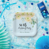 ホワイトローズフローラユーカリプトゥスブルー80誕生日 ペーパープレート (パーティー)