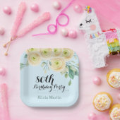 ホワイトローズフローラユーカリプトゥスブルー80誕生日 ペーパープレート (パーティー)