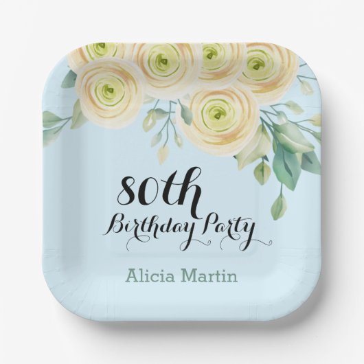 ホワイトローズフローラユーカリプトゥスブルー80誕生日 ペーパープレート (正面)