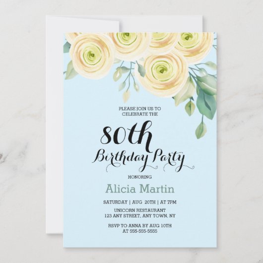 ホワイトローズフローラユーカリプトゥスブルー80誕生日 招待状 (正面)