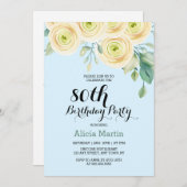 ホワイトローズフローラユーカリプトゥスブルー80誕生日 招待状 (正面/裏面)