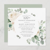 ホワイトローズフローラユーカリ100thバースデーパーティー 招待状 (正面/裏面)