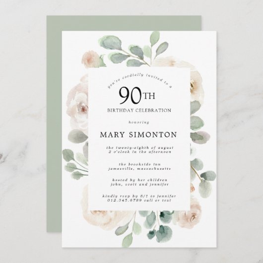 ホワイトローズフローラユーカリ90thバースデーパーティー 招待状 (正面/裏面)