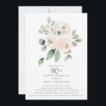 ホワイトローズフローラユーカリ90thバースデーパーティー 招待状<br><div class="desc">この90歳の誕生日パーティエレガントの招待で特別な女性を尊重する。白いバラは柔らかいセージの緑のユーカリ葉スの型枠植物性の花束に囲まモダンれていた。すべての文字を編集できるため、特別なお祝いを完全に記述できる</div>