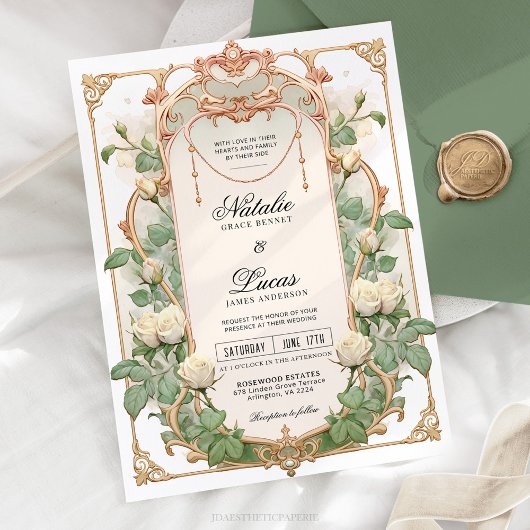 ホワイトローズフローラヴィンテージウェディング招待状 招待状
