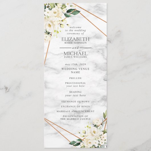ホワイトローズフローラ幾何大理石結婚式 プログラム (正面)