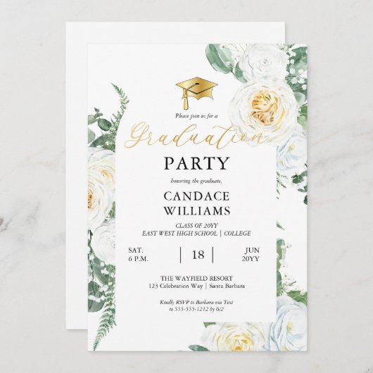 ホワイトローズフローラ枠卒業パーティー 招待状 (正面/裏面)