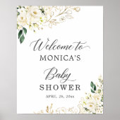 ホワイトローズフローラ葉金ゴールドベビーシャワーサイン ポスター (正面)