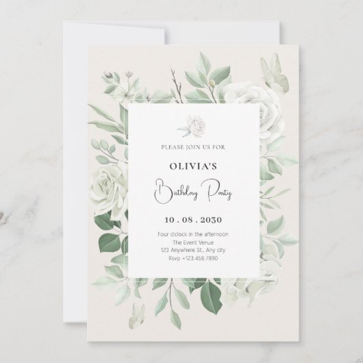 ホワイトローズフローラ誕生日 招待状 (正面)