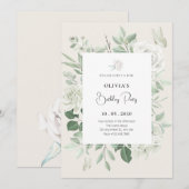 ホワイトローズフローラ誕生日 招待状 (正面/裏面)