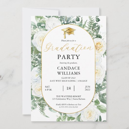 ホワイトローズフローラ金ゴールドフレーム卒業パーティー 招待状 (正面)