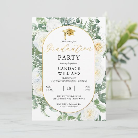 ホワイトローズフローラ金ゴールドフレーム卒業パーティー 招待状 (スタンド正面)